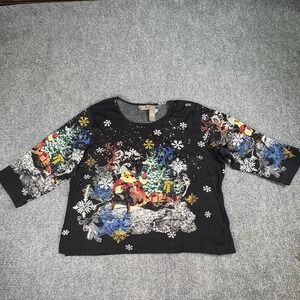Vintage Jane Ashley Christmas Top 2X Black Santa Sequin Tree Holiday Retro Y2K